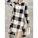 Plus Size Plaid Print Button Front Shirt, Casual High Low Hem Long Sleeve Shirt For Spring & Fall, Women's Plus Size Clothing