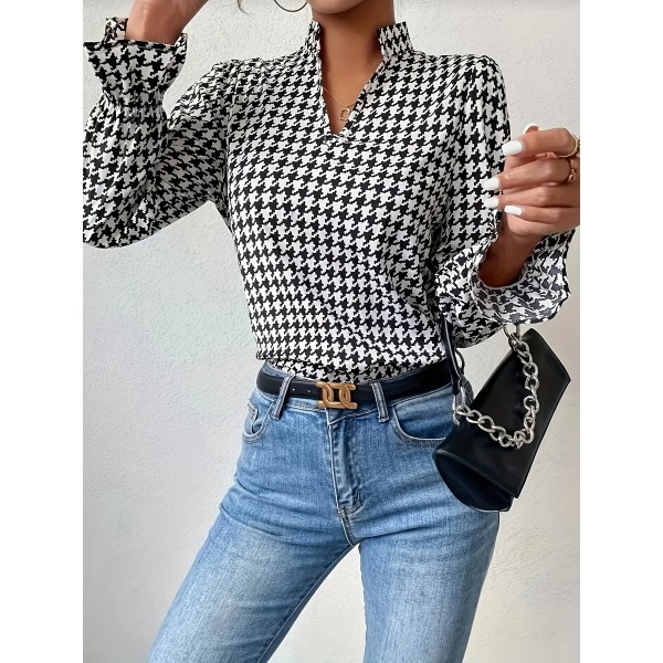 Elegant Plus Size Houndstooth V-Neck Blouse with Lantern Sleeves - Non-Stretch, Woven Polyester for All Seasons