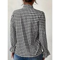 Elegant Plus Size Houndstooth V-Neck Blouse with Lantern Sleeves - Non-Stretch, Woven Polyester for All Seasons