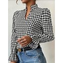 Elegant Plus Size Houndstooth V-Neck Blouse with Lantern Sleeves - Non-Stretch, Woven Polyester for All Seasons