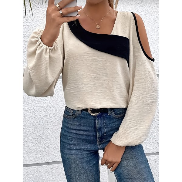 Plus Size Colorblock Cold Shoulder Blouse, Casual Asymmetrical Neck Long Sleeve Blouse For Spring, Women's Plus Size Clothing