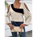 Plus Size Colorblock Cold Shoulder Blouse, Casual Asymmetrical Neck Long Sleeve Blouse For Spring, Women's Plus Size Clothing