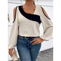 Plus Size Colorblock Cold Shoulder Blouse, Casual Asymmetrical Neck Long Sleeve Blouse For Spring, Women's Plus Size Clothing