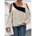 Plus Size Colorblock Cold Shoulder Blouse, Casual Asymmetrical Neck Long Sleeve Blouse For Spring, Women's Plus Size Clothing