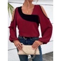 Plus Size Colorblock Cold Shoulder Blouse, Casual Asymmetrical Neck Long Sleeve Blouse For Spring, Women's Plus Size Clothing