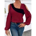 Plus Size Colorblock Cold Shoulder Blouse, Casual Asymmetrical Neck Long Sleeve Blouse For Spring, Women's Plus Size Clothing