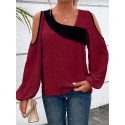 Plus Size Colorblock Cold Shoulder Blouse, Casual Asymmetrical Neck Long Sleeve Blouse For Spring, Women's Plus Size Clothing