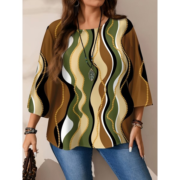 Chic Plus Size Women's Blouse - Casual Striped, Round Neck, 3/4 Sleeve Top with Elastic Waistband - Machine Washable