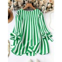 Plus Size Striped Print Blouse, Elegant Notched Neck Tie Cuff Top For Spring, Women's Plus Size Clothing