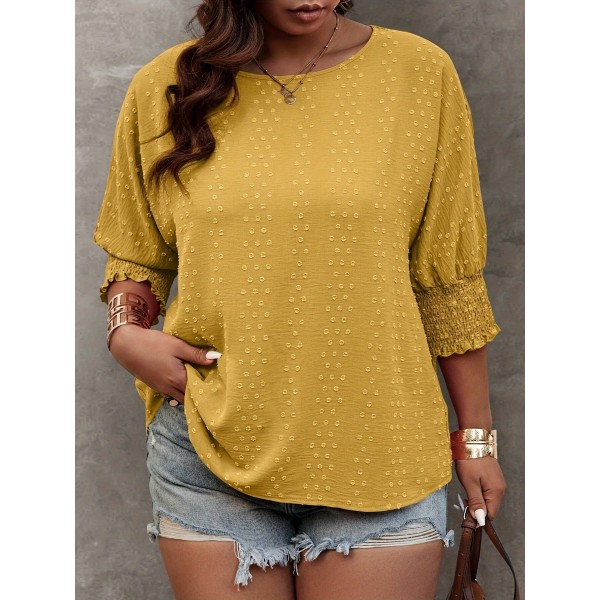 Plus Size Solid Pullover Blouse, Crew Crew Neck Half Sleeve Shirred Cuff Blouse For Spring & Fall, Women's Plus Size Clothing