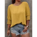 Plus Size Solid Pullover Blouse, Crew Crew Neck Half Sleeve Shirred Cuff Blouse For Spring & Fall, Women's Plus Size Clothing