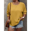 Plus Size Solid Pullover Blouse, Crew Crew Neck Half Sleeve Shirred Cuff Blouse For Spring & Fall, Women's Plus Size Clothing