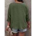 Plus Size Solid Pullover Blouse, Crew Crew Neck Half Sleeve Shirred Cuff Blouse For Spring & Fall, Women's Plus Size Clothing