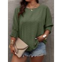 Plus Size Solid Pullover Blouse, Crew Crew Neck Half Sleeve Shirred Cuff Blouse For Spring & Fall, Women's Plus Size Clothing