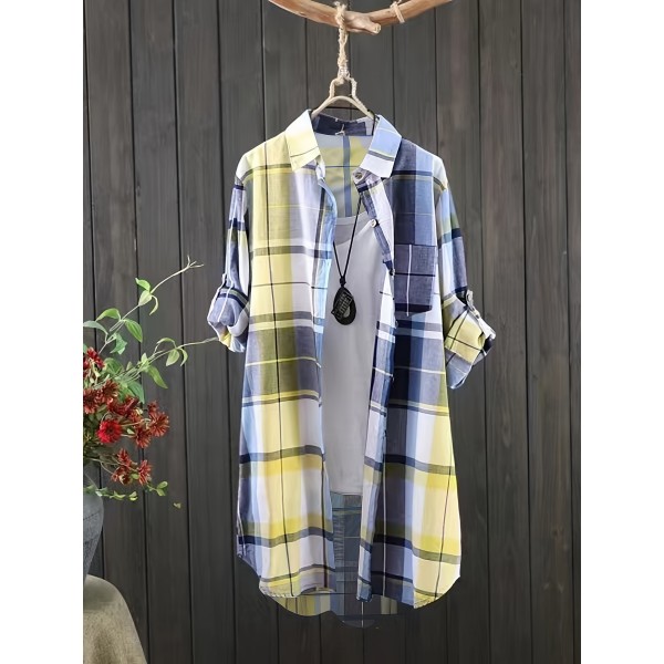 Plus Size Plaid Print Collared Button Shirt, Casual Long Sleeve Shirt For Spring & Fall, Women's Plus Size Clothing