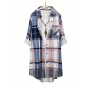 Plus Size Plaid Print Collared Button Shirt, Casual Long Sleeve Shirt For Spring & Fall, Women's Plus Size Clothing