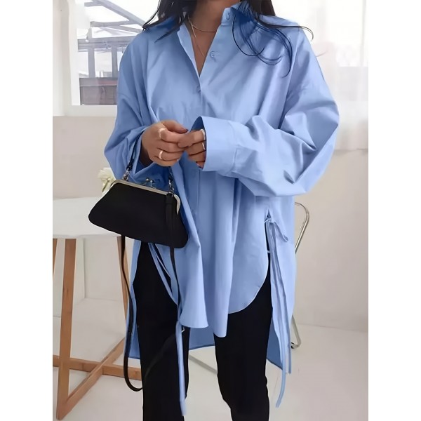 Plus Size Solid Color Button Front Shirt, Stylish Casual Lace Up Long Sleeve Shirt For Spring, Women's Plus Size Clothing