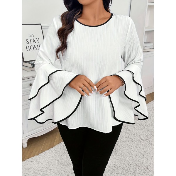 Plus Size Contrast Trim Crew Neck Blouse, Elegant Layered Ruffle Sleeve Top For Spring & Fall, Women's Plus Size Clothing