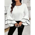 Plus Size Contrast Trim Crew Neck Blouse, Elegant Layered Ruffle Sleeve Top For Spring & Fall, Women's Plus Size Clothing