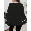 Plus Size Contrast Trim Crew Neck Blouse, Elegant Layered Ruffle Sleeve Top For Spring & Fall, Women's Plus Size Clothing