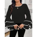 Plus Size Contrast Trim Crew Neck Blouse, Elegant Layered Ruffle Sleeve Top For Spring & Fall, Women's Plus Size Clothing