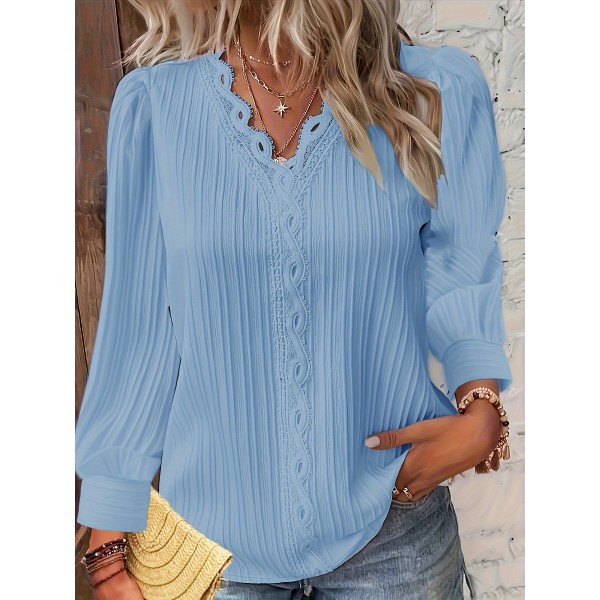 Women's Plus Size Long Sleeve Blouse, Elegant V-Neck with Lace Detail, Solid Color, Polyester, Spring/Autumn Fashion Top, Woven Shirt