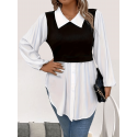 Plus Size Colorblock Polo Collar Blouse Casual Long Sleeve Blouse For Spring & Fall, Women's Plus Size Clothing