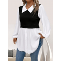 Plus Size Colorblock Polo Collar Blouse Casual Long Sleeve Blouse For Spring & Fall, Women's Plus Size Clothing