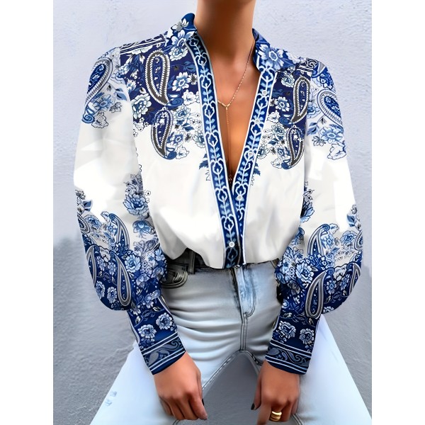 Plus Size Floral Print Blouse - Casual Lapel Long Sleeve Shirt - Polyester & Spandex Blend with Slight Stretch, Button Detail, Regular Length - Oversized Style for Going Out, All Seasons, Woven H-Fit - Middle East Collection