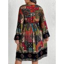 Boho-Chic Plus Size V-Neck Dress with Lantern Sleeves - Elegant Geometric Pattern, Rayon, Machine Washable