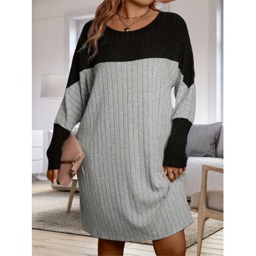 Plus Size Color Block Knit Dress, Long Sleeve, Knee-Length, Round Neck, Casual Loose Fit, Straight Hem, Spring/Autumn Fashion, Polyester Fabric, No Padding, Ribbed Detail, Pullover Style