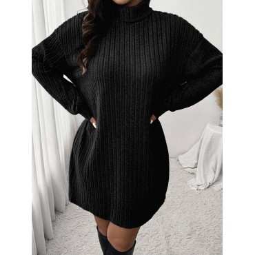 1pc Women'S Plus Size High Neck Rib-Knit Dress - Casual Polyester Knee-Length Pullover with Slight Stretch for Fall/Winter - Long Sleeve Solid Color Sweater Dress