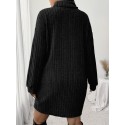 1pc Women'S Plus Size High Neck Rib-Knit Dress - Casual Polyester Knee-Length Pullover with Slight Stretch for Fall/Winter - Long Sleeve Solid Color Sweater Dress