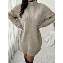 1pc Women'S Plus Size High Neck Rib-Knit Dress - Casual Polyester Knee-Length Pullover with Slight Stretch for Fall/Winter - Long Sleeve Solid Color Sweater Dress