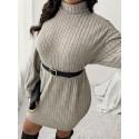 1pc Women'S Plus Size High Neck Rib-Knit Dress - Casual Polyester Knee-Length Pullover with Slight Stretch for Fall/Winter - Long Sleeve Solid Color Sweater Dress