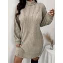 1pc Women'S Plus Size High Neck Rib-Knit Dress - Casual Polyester Knee-Length Pullover with Slight Stretch for Fall/Winter - Long Sleeve Solid Color Sweater Dress