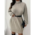 1pc Women'S Plus Size High Neck Rib-Knit Dress - Casual Polyester Knee-Length Pullover with Slight Stretch for Fall/Winter - Long Sleeve Solid Color Sweater Dress