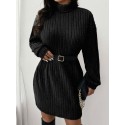 1pc Women'S Plus Size High Neck Rib-Knit Dress - Casual Polyester Knee-Length Pullover with Slight Stretch for Fall/Winter - Long Sleeve Solid Color Sweater Dress