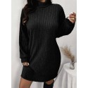 1pc Women'S Plus Size High Neck Rib-Knit Dress - Casual Polyester Knee-Length Pullover with Slight Stretch for Fall/Winter - Long Sleeve Solid Color Sweater Dress