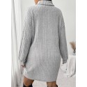 1pc Women'S Plus Size High Neck Rib-Knit Dress - Casual Polyester Knee-Length Pullover with Slight Stretch for Fall/Winter - Long Sleeve Solid Color Sweater Dress