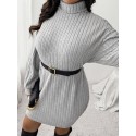 1pc Women'S Plus Size High Neck Rib-Knit Dress - Casual Polyester Knee-Length Pullover with Slight Stretch for Fall/Winter - Long Sleeve Solid Color Sweater Dress