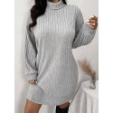 1pc Women'S Plus Size High Neck Rib-Knit Dress - Casual Polyester Knee-Length Pullover with Slight Stretch for Fall/Winter - Long Sleeve Solid Color Sweater Dress