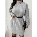 1pc Women'S Plus Size High Neck Rib-Knit Dress - Casual Polyester Knee-Length Pullover with Slight Stretch for Fall/Winter - Long Sleeve Solid Color Sweater Dress