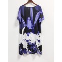 Plus Size Floral Print Dress, Casual Crew Neck Baggy Short Sleeve Dress For Spring & Summer, Women's Plus Size Clothing