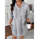 Women's Plus Size Casual Hoodie Dress - Long Sleeve, Button Detail, Knee-Length in Gray