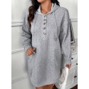 Women's Plus Size Casual Hoodie Dress - Long Sleeve, Button Detail, Knee-Length in Gray