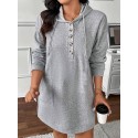 Women's Plus Size Casual Hoodie Dress - Long Sleeve, Button Detail, Knee-Length in Gray