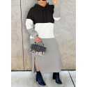 Plus Size Casual Dress, Women's Plus Colorblock Long Sleeve Split Hem Hooded Maxi Sweatshirt Dress