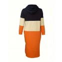 Plus Size Casual Dress, Women's Plus Colorblock Long Sleeve Split Hem Hooded Maxi Sweatshirt Dress