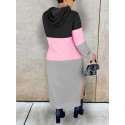 Plus Size Casual Dress, Women's Plus Colorblock Long Sleeve Split Hem Hooded Maxi Sweatshirt Dress